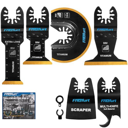6PCS Oscillating Tool Blade Set - Titanium Bi-Metal Saw Blades + Scraper + Hook Knife for Soft Material, Universal Fit for Flooring Removal & Home Remodeling, 2 Adapters Included - size: 6pcs