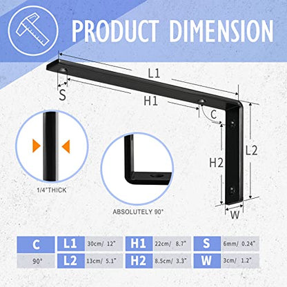 CLT Black Shelf Bracket, 12” X 5” Quarter Inch (1/4") Thick- Max Load: 440 lb Rustic Industrial Modern Farmhouse Heavy Duty Cold Rolled Steel Bracket for Table Bench, Space Saving DIY, Pack of 4 - color: Black L Bracket, size: 12 Inch