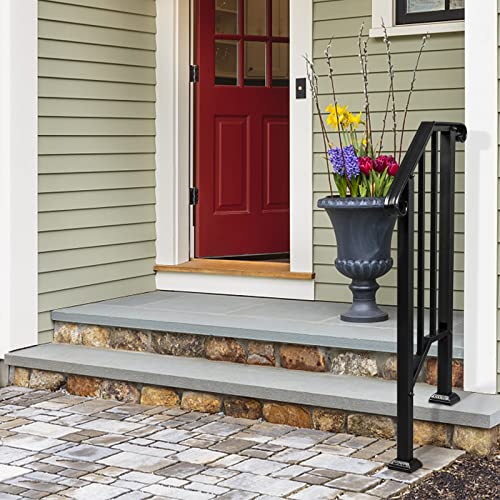 Outdoor Handrail for 1-2 Steps, Real Iron Step Railing with Stainless Mounts Powder Coated Safety Rail Garden Steps Heavy Duty Hand Rail for Entryway Matte Black