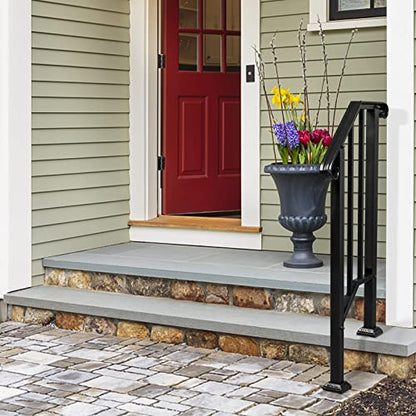 Outdoor Handrail for 1-2 Steps, Real Iron Step Railing with Stainless Mounts Powder Coated Safety Rail Garden Steps Heavy Duty Hand Rail for Entryway Matte Black