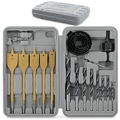 Hi-Spec Wood Hole Saw, Brad Point and Spade Drill Bit Set with Case - size: 21 Piece