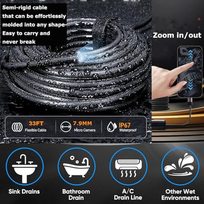 Endoscope Camera with Light, 1920P HD Borescope Camera with 33FT Semi-Rigid Snake Cable, 8 LED Lights Inspection Camera for iPhone Android - style: Single-Lens-33 FT