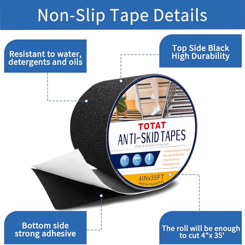 Black Anti-Slip Stair Treads Tape,4" x35FT Heavy Duty PVC Non-Skid Grip Tape for Wooden Steps, Indoor/Outdoor Stairs, Pool Decks - Peel & Stick Waterproof Safety Traction - size: 4IN x 35FT