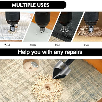 GMTOOLS 5PCS Countersink Drill Bit Set, High Speed Steel Countersink Bits, 82 Degree 5 Flute Pieces, 1/4 Inch Hex Shank, Fit for Sink Holes into Metals, Wood, Plywood, Plastic