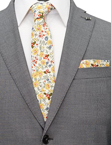 Cotton 2.5-Inch Skinny Floral Tie and Pocket Square Set for Men - color: Daisy Beige