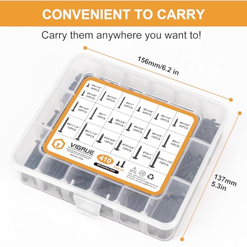 VIGRUE 410Pcs Stainless Steel Black Wood Screws Set #4#6#8#10 Phillips Pan Head Sheet Metal Screws Self Tapping Wood Screws Assortment Kit, Length 1/4" to 1-1/2" - size: 410PCS #4#6#8#10 Stainless Steel Black Pan Head