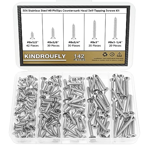 142 Pieces #8 x 1/2" 5/8" 3/4" 1" 1-1/4" Phillips Countersunk Head Self-Tapping Screws, Wood Screws Assortment Kit, 304 Stainless Steel - size: #8