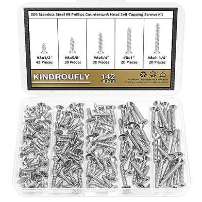 142 Pieces #8 x 1/2" 5/8" 3/4" 1" 1-1/4" Phillips Countersunk Head Self-Tapping Screws, Wood Screws Assortment Kit, 304 Stainless Steel - size: #8