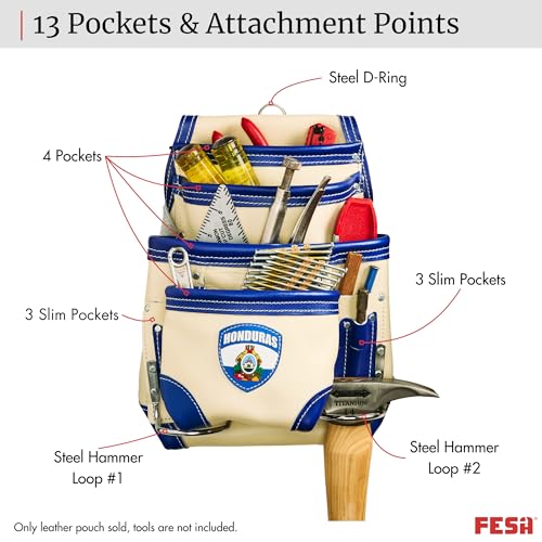 FESA Leather Carpenter Tool Pouch - 10-Pocket Heavy Top Grain Leather Carpenter Pouch with 2 Hammer Loops, Large & Small Pockets - Fits Work Belts up to 3" - Handcrafted - Country-Themed - color: White - Honduras