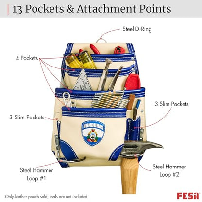 FESA Leather Carpenter Tool Pouch - 10-Pocket Heavy Top Grain Leather Carpenter Pouch with 2 Hammer Loops, Large & Small Pockets - Fits Work Belts up to 3" - Handcrafted - Country-Themed - color: White - Honduras