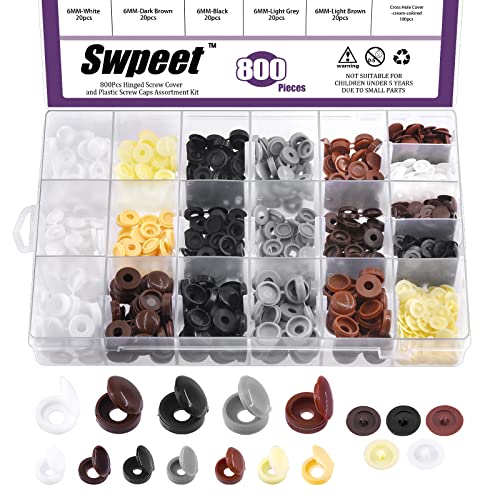 Swpeet 800Pcs 5/32" 1/5" 1/4" 8 Colors Plastic Screws Hinged Screw Cover Caps and Self Adhesive Screw Hole Stickers Assortment Kit, Snap Covers Washer Hole Tube Panel Plugs Fastener Cover Plugs
