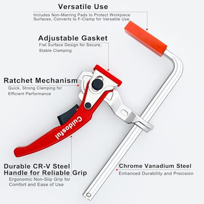 2 Pack Track Saw Clamps for Guide Rail – Heavy Duty Quick Release Ratchet Clamp Set, Compatible with Festool, Makita, Dewalt, Table Saw Hold Down, T Track Woodworking Clamps with Non-Marring Pads - color: Red