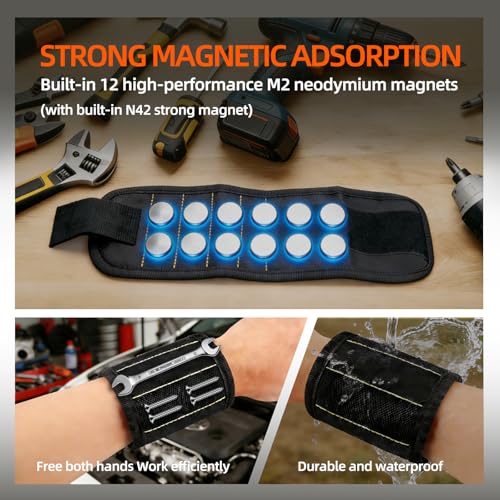 Magnetic Tool Wristband, Strong Neodymium Magnets – Heavy-Duty Hands-Free Band for Construction, DIY, Gardening, Adjustable & Sweatproof – Premium Gift Box, Ideal Holiday Gift for Men (Black) - color: Black