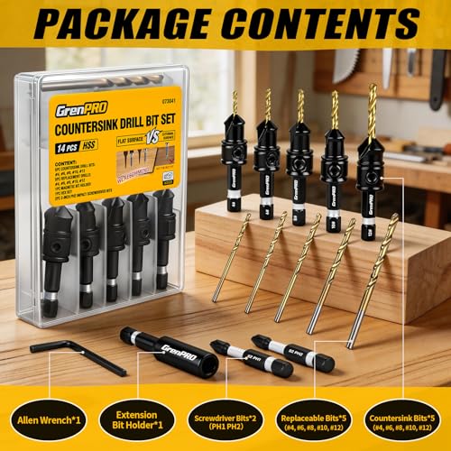 GRENPRO Countersink Drill Bit Set, 14PCS 2-Flute Adjustable Bits for Wood
