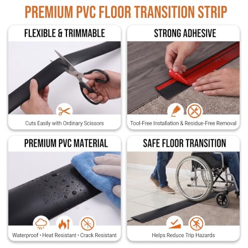 10FT Self-Adhesive Floor Transition Strip, Dark Black PVC Carpet Edging - color: Dark Black, size: 1/5" to 2/5",10FT