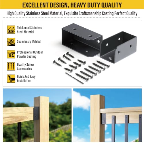 4Pcs Stainless Steels Deck Railing Bracket Connectors, for 2x4 (Actually 1 ½" x 3 ½") Wood Deck Railing Post to handrail Connection (Matte Black) - size: Parallel 0°