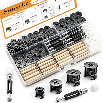 120PCS Cam Locks for Furniture3-in-1 Eccentric Hardware Wheels,Furniture Fasteners&Connectors with Multi-Size Nuts,Bolts and Wood Dowel Pins,Kit for Furniture Assembly/Repair(Black) - size: 120PCS-Black