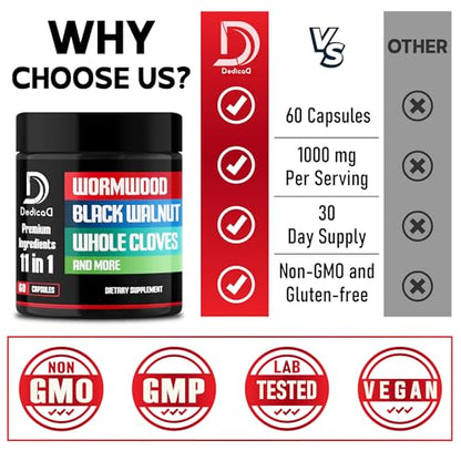 DEDICAD Wormwood Capsules Supplement - Extracted from Black Walnut, Cloves, Turmeric, Apple, Berberine HCl & More - 11 Ingredients Combined for Immune System, Body Management - 60 Capsules - size: 60 Count (Pack of 1)