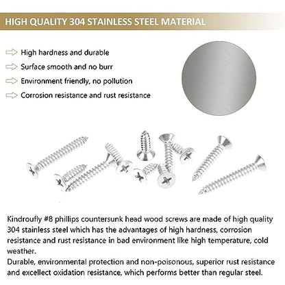 142 Pieces #8 x 1/2" 5/8" 3/4" 1" 1-1/4" Phillips Countersunk Head Self-Tapping Screws, Wood Screws Assortment Kit, 304 Stainless Steel - size: #8