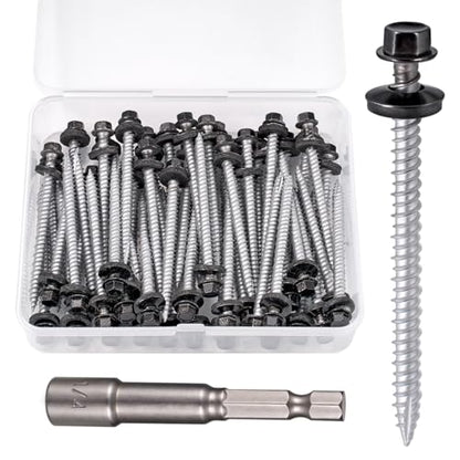 50 Pcs #10x2-1/2 Black Metal Roofing Screws for Metal Roofs, Wall Panels - size: #10x2-1/2"