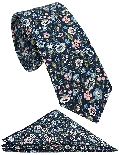 Cotton 2.5-Inch Skinny Floral Tie and Pocket Square Set for Men - color: 13