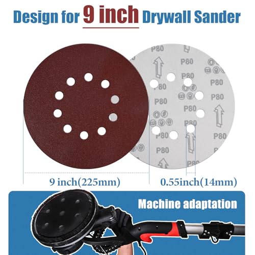 20 PCS 9 Inch 10 Hole Sanding Discs, 180 Grit Hook and Loop Round Sandpaper - color: 180Grit 20PCS