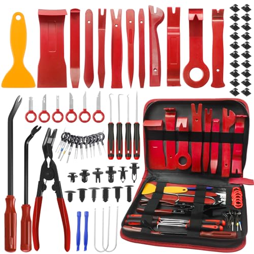 Poraxy Trim Removal Tool,120Pcs Car Panel Door Audio Removal Tool Kit, Auto Clip Pliers Fastener Remover Pry Tool Set with Storage Bag - color: Red