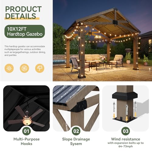 Aoxun 10' x 12' Wood Gazebo with Galvanized Steel Gable Roof, Gray - color: Taupe Gray, size: 10' x 12'