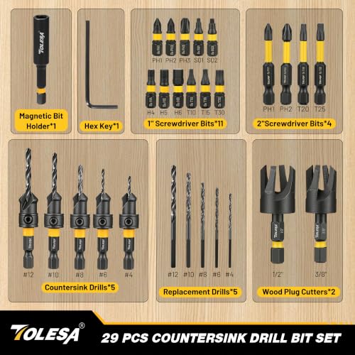 TOLESA Drill Bit Set, 105PCS Titanium Coated HSS Drill Bits with 29PCS Wood Countersink Bits, Plug Cutters, Screwdriver Bits & Organizer Case