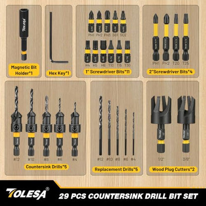 TOLESA Drill Bit Set, 105PCS Titanium Coated HSS Drill Bits with 29PCS Wood Countersink Bits, Plug Cutters, Screwdriver Bits & Organizer Case