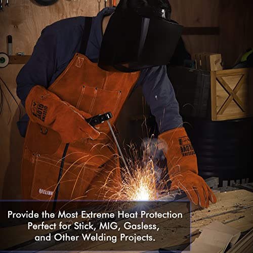 QeeLink Welding Gloves for Men - Fireproof Leather and Stitching - color: Brown (14-inch)