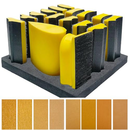 56 PCS Hand Sander Blocking Kit- 16 PCS Hand Sanding Block Set + 40 Sheet Hook & Loop Sandpaper Kit - Interchangeable Assorted Convex & Concave Shapes for Moldings, Baseboards, Woodworking