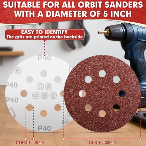 JTIEO 100PCS Sanding Discs 5 Inch, 120 Grit Orbital Sander Pads, Hook & Loop Sandpaper Pads, 8 Hole Round Sanding Discs for Random Orbital Sanders - style: 120Grit-100pcs