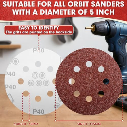 JTIEO 100PCS Sanding Discs 5 Inch, 120 Grit Orbital Sander Pads, Hook & Loop Sandpaper Pads, 8 Hole Round Sanding Discs for Random Orbital Sanders - style: 120Grit-100pcs