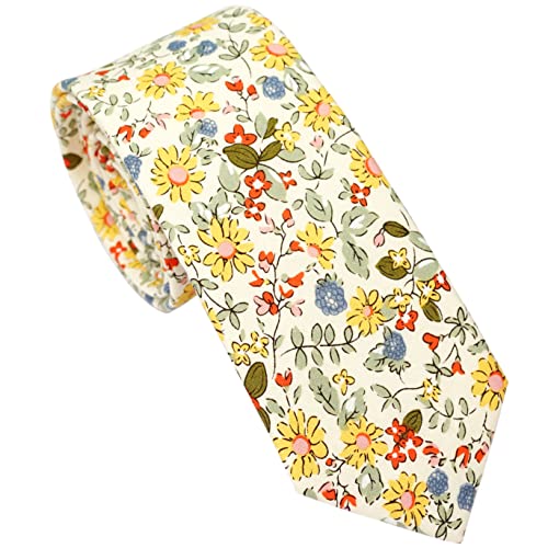 Cotton 2.5-Inch Skinny Floral Tie and Pocket Square Set for Men - color: Daisy Beige