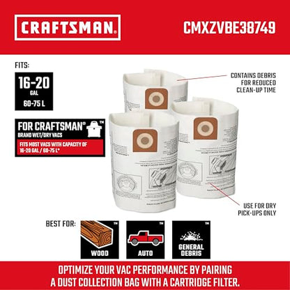 CRAFTSMAN CMXZVBE38749 Genuine 16-20 Gal. Wet Dry Vac Dust Collection Bags - style: 16-20 Gallon General Purpose