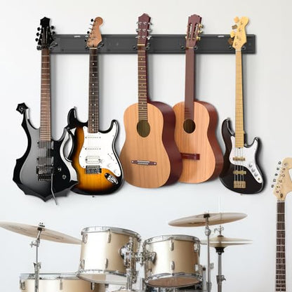 LEKATO Guitar Wall Mount Hagers for Multiple Guitars, 5 Adjustable Hangers Guitar Wall Rack, Fixed Clips, Aluminum Acoustic & Electric Guitars Rack, Bass Holder for Banjo, Mandolin