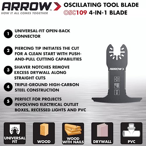 Arrow OSC109-1, 4-IN-1 Drywall Oscillating Tool Blade for Electrical Outlet Boxes, Recessed Lights, PVC, Universal, Fits Most Multitools
