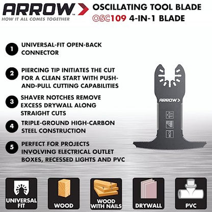 Arrow OSC109-1, 4-IN-1 Drywall Oscillating Tool Blade for Electrical Outlet Boxes, Recessed Lights, PVC, Universal, Fits Most Multitools