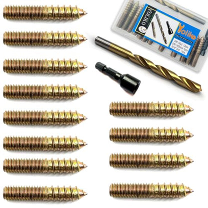 12Pack 3/8-16 x2Inch Hanger Bolts with Alloy-Steel Driver HSS Twist Drill Double Headed Bolts 3/8 Wood Dowel Screw Self-Tapping Hanger Bolts for Furniture