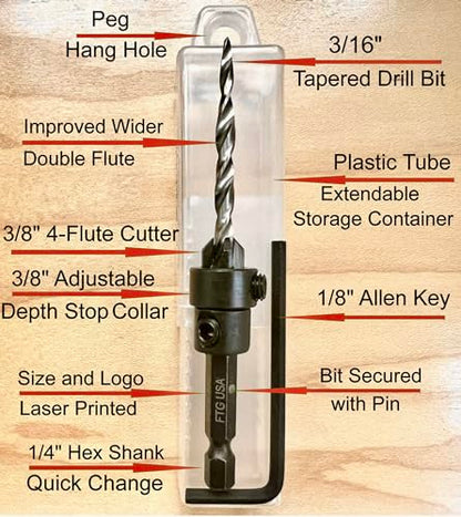 FTG USA #10(3/16") Tapered Wood Countersink Drill Bit w/ 3/8" Collar & Case - size: #10, style: with Depth Stop