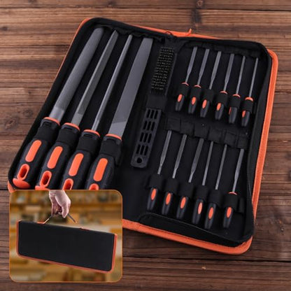 25PCS Metal File Set with Storage Bag, T12 Drop Forged Carbon Steel Flat/Triangle/Half-Round/Round Large File and 12PCS Precision Needle File with Sandpaper Brush Gloves, Work for Metal, Wood