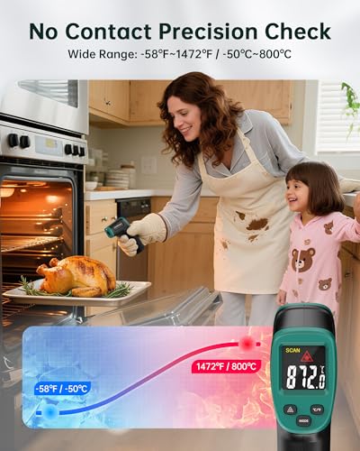 ERICKHILL ROOKMAX Infrared Thermometer Gun, Non-Contact Laser, Adjustable Emissivity, Color LCD, -58°F to 1472°F (-50°C to 800°C), for HVAC, Cooking & BBQ, Automotive, Freezer - Dark Green - color: Color LCD