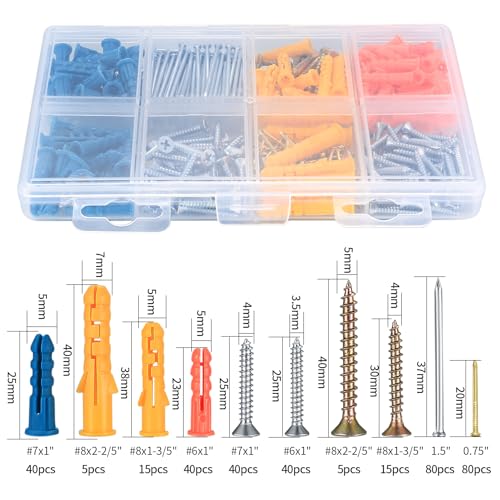360 Pcs Wall Plugs and Screws Set, Drywall Anchors Screws and Nails Assortment Kit, Flat Head Self Tapping Screws, Plastic Expansion Plugs, Wood Screws Nails for Home DIY Repair Mounting