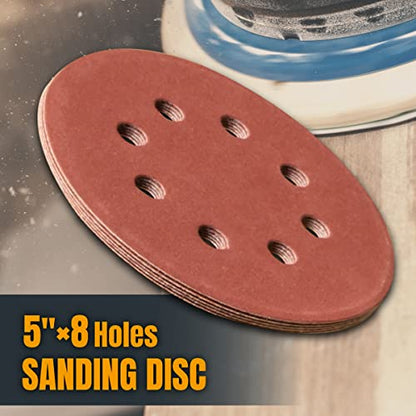 POWERTEC 50PK, 60 Grits, Sanding Discs 5 Inch - Hook and Loop, 5 Inch 8 Hole Aluminum Oxide Sandpaper Discs, Woodworking Sanding Pads for Random Orbital, Palm, Air, DA & Pneumatic Sander (45006)