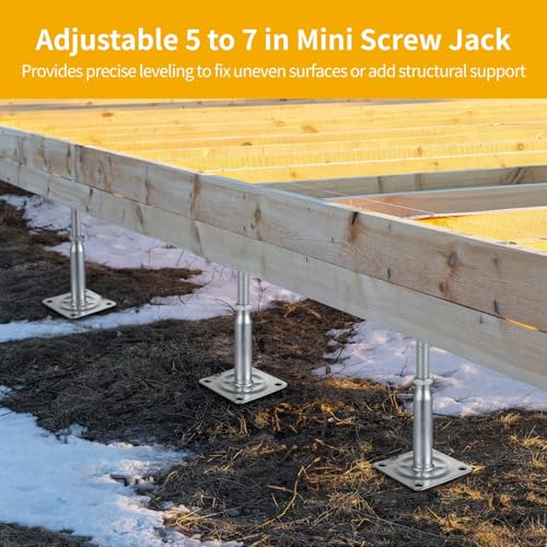 4 PCS Mini Screw Jack, 5 to 7 in Adjustable Floor Jack, Deck Foundation Lift Support, Galvanized Iron Level Support for Joist, Deck, House Foundation, Strong Base with Stable Plate