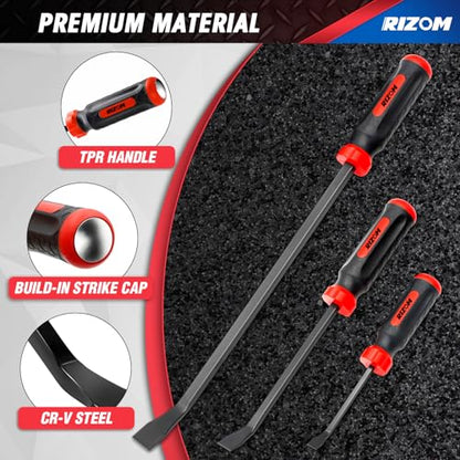 Rizom Pry Bar Set, 3-Piece Pry Bar with Strike Cap Handle, Angled Tip for Prying, Lifting and Pulling Objects - size: 8",12",17.5"