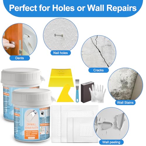 Dry Wall Patch Kits, Aluminum Spackle Wall Repair Patch Kit Fiber Mesh Plate with Scraper, 8.8oz X 2 White Repair Putty Drywall Hole Filler to Fix Wall Surface Holes, Quick Repair Creak Damage - color: 2 X 8.8oz White Wall Repair Putty Patch Kit
