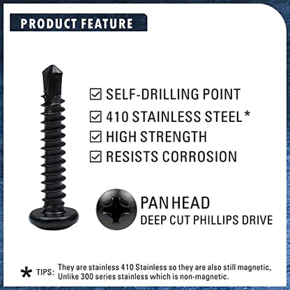 410 Stainless Steel #8 Self Drilling TEK Screw Assortment Kit, Pan Head Self Tapping Sheet Metal Screws, Length 1/2" 3/4" 1" 150 PCS - Black Oxide (Pack of 3) - size: #8 Pan Head (Pack of 3)