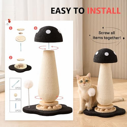Mushroom Cat Scratching Post Cat Tree, 21.5‘’ H Cute Cat Scratcher Tower with Durable Solid Wood Turntable Toy, Solid Black Mushroom Scratch Post Cat Sisal Scratcher with Catnip for Indoor Cats - color: Black Mushroom